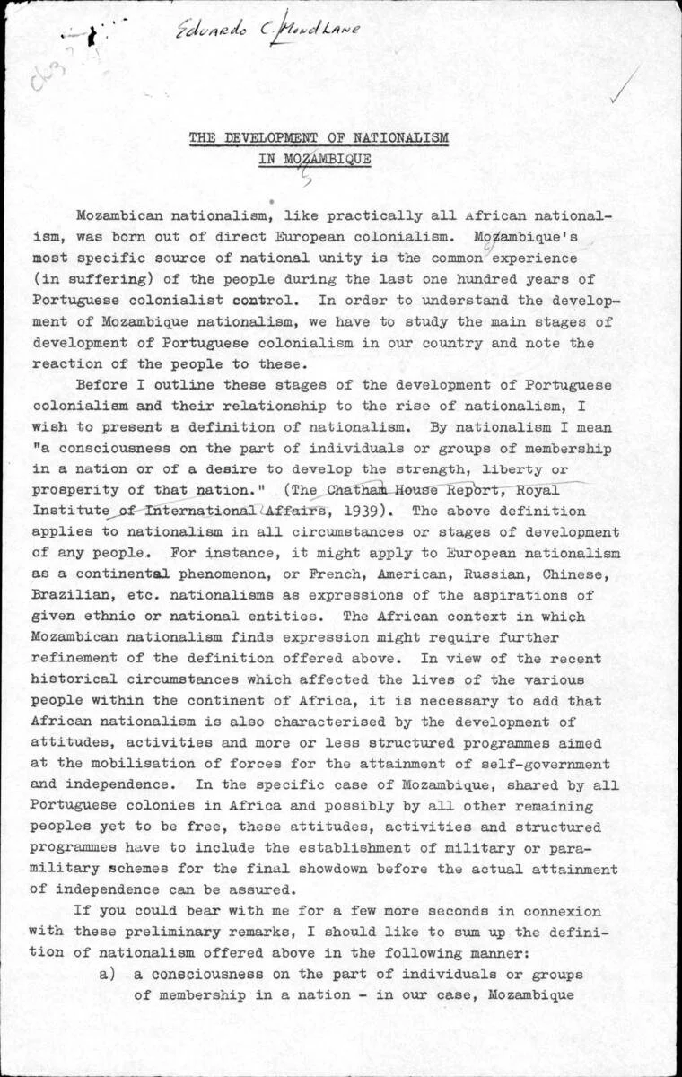 The Development of Nationalism in Mozambique 