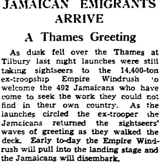 “Jamaican Emigrants Arrive: A Thames Greeting”
Manchester Guardian, 1948
