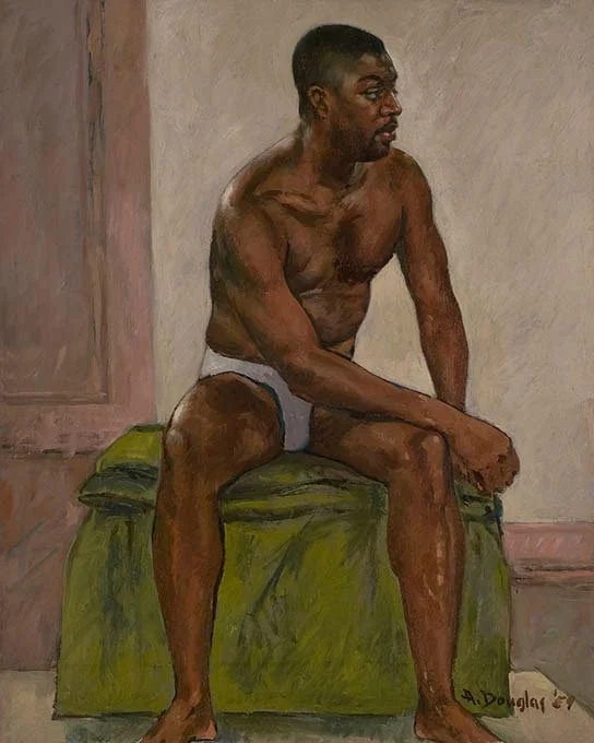 The Athlete, 1959. Oil on canvas board, 23 7/8 × 19 7/8 inches. This painting depicts a seated male figure rendered in naturalistic form, markedly different from Aaron Douglas’s earlier silhouetted, Cubist-influenced Harlem Renaissance compositions. 