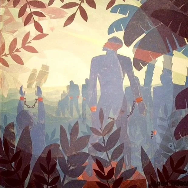 Into Bondage, 1936. Painted in 1936, Into Bondage presents a haunting meditation on the transatlantic slave trade and the violent rupture of African life. A central bound figure, silhouetted and faceless, stands amid lush foliage and subdued tonal la