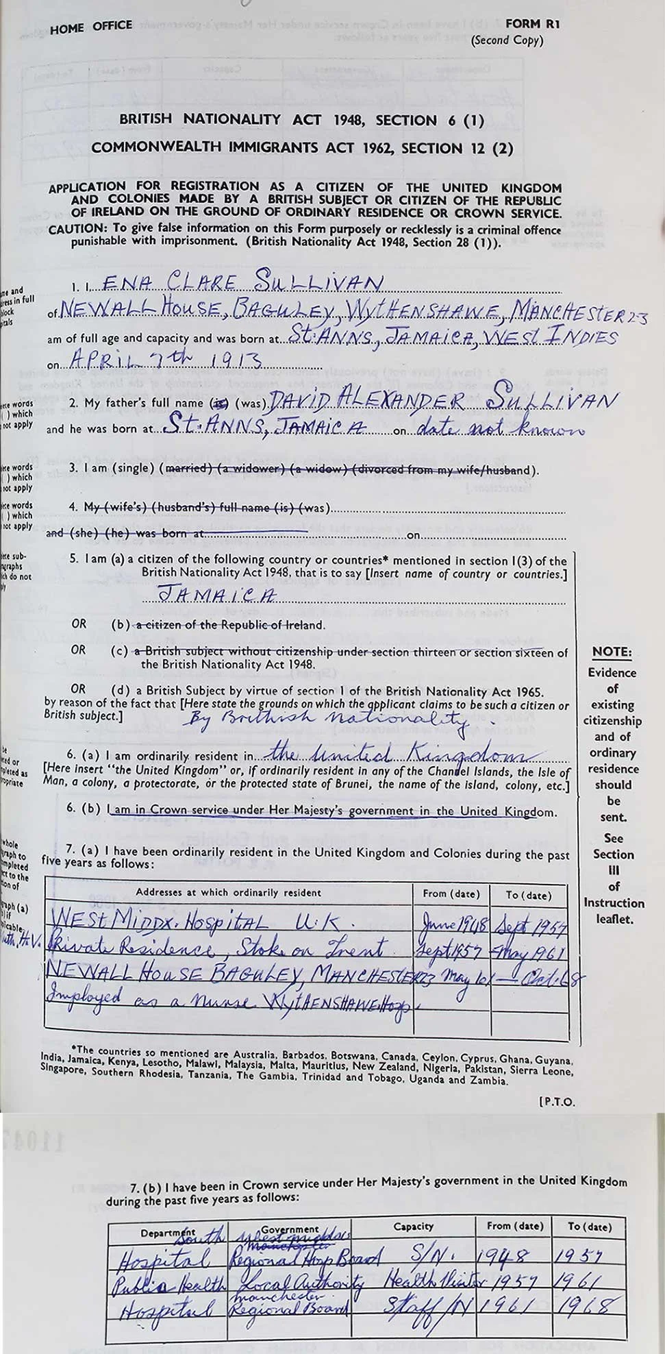 Registration of British Nationality for Ena Clare Sullivan. Country of Nationality or Birth: Jamaica, 3 December 1968. Catalogue ref: HO 334/1406/110478
"Ena Clare Sullivan was a passenger on the ‘Empire Windrush’ which docked at Tilbury harbour in E