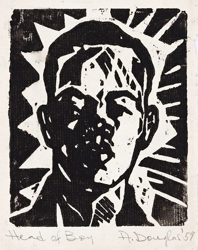 Head of Boy (Portrait of Langston Hughes), 1957. Woodcut on cream laid paper; support size 6 1/4 × 4 7/8 inches; image size 4 7/8 × 4 inches. This woodcut portrait presents a stylized head of Langston Hughes rendered in bold black-and-white contrast.