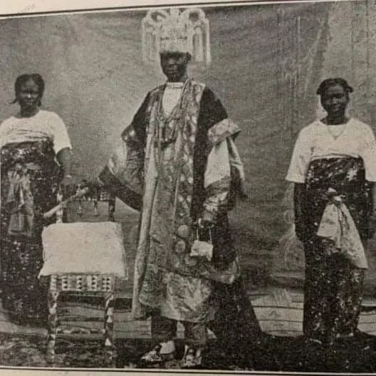 Babbar Riga robes and a beaded royal crown worn by Oba Ladapo Ademola II, the Alake of Egbaland, in Abeokuta, Nigeria.