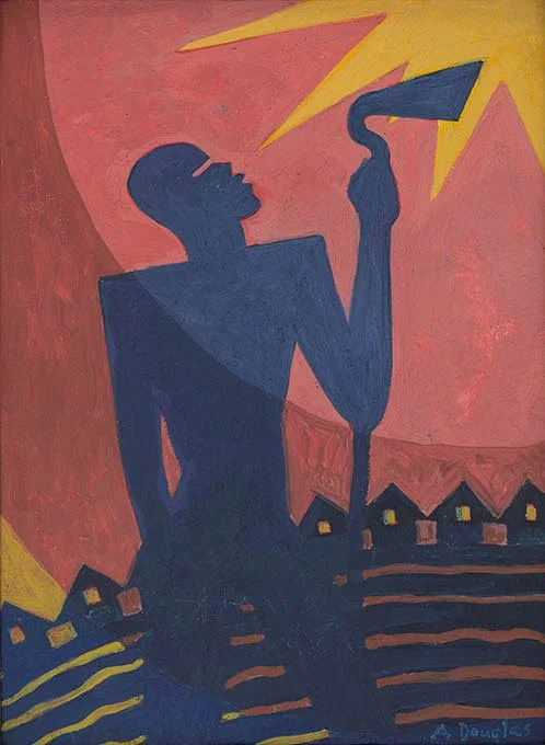 The Toiler, c. 1935. Oil or tempera on board, 8 3/4 × 6 5/8 inches.

This painting presents a monumental silhouetted laborer gripping a shovel beneath radiating beams of light, a composition characteristic of Aaron Douglas’s Harlem Renaissance visual
