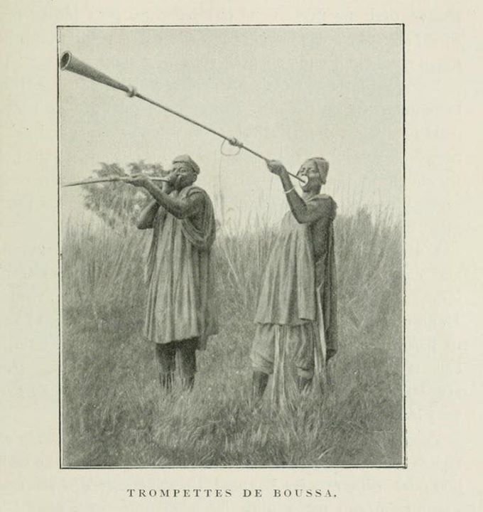 Trumpets of Boussa (kakaki, a traditional royal instrument used by the Hausa, Yoruba, and Nupe people, as well as in Chad, Burkina Faso, Ghana, and Nigeria). 