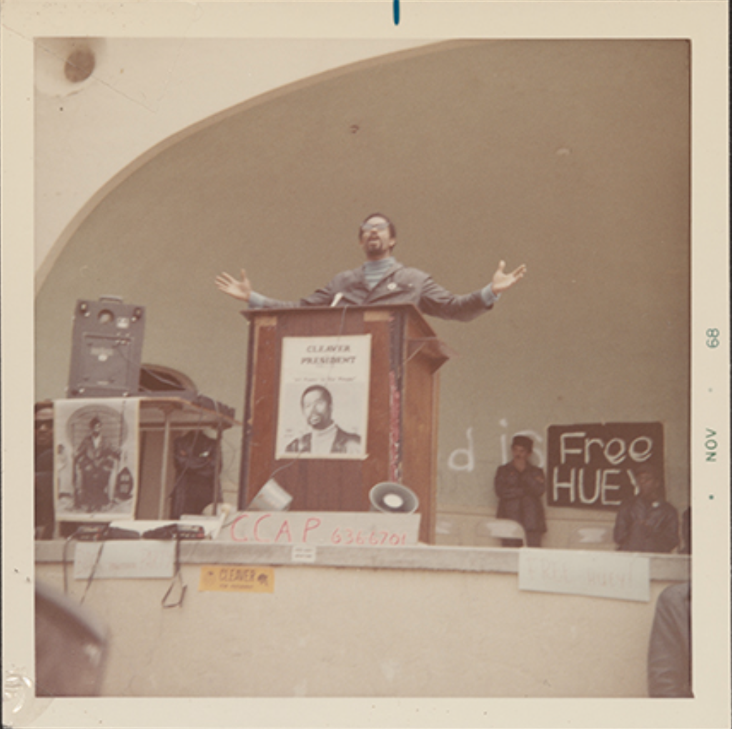 Photograph of Eldridge Cleaver speaking at a Peace and Freedom Party rally in Los Angeles, 1968. Emory University Archives.