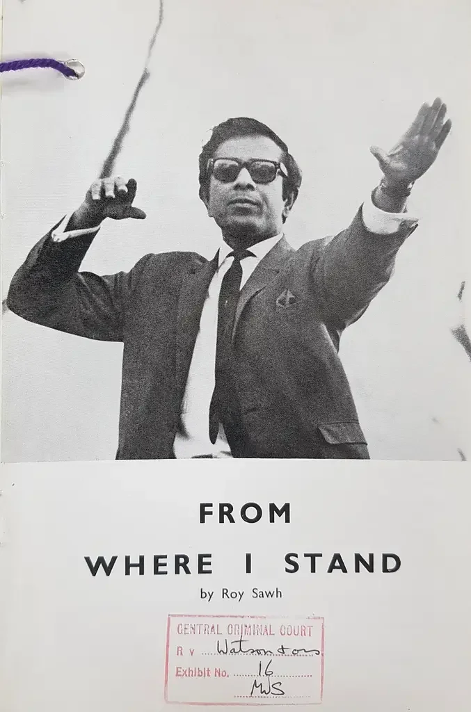 Roy Sawh's From Where I Stand
The cover of Roy Sawh's From where I Stand, which shows a picture of himself in a suit.
Date
1967–1972
Catalogue reference
CRIM 1/4777
This pamphlet was produced by civil rights activist Roy Sawh.
Born on a sugar estate 