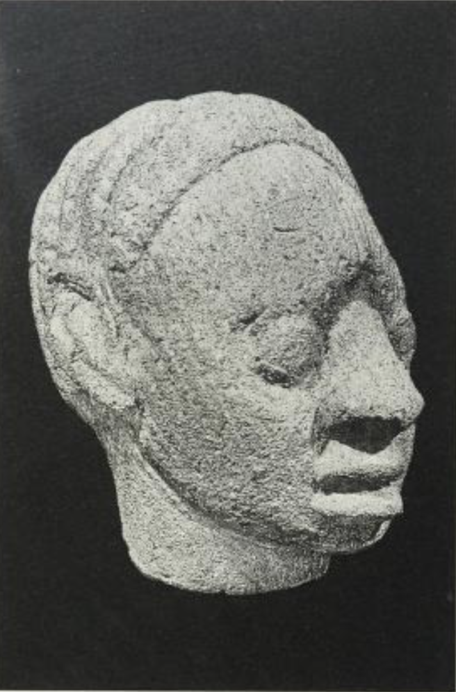 Terracotta human head found in isolation at a boundary between land owned by two people in south Modakeke in Ife. Probably between 12 and the 15th centuries A.D p.60. from Two thousand years, Nigerian art (1977).