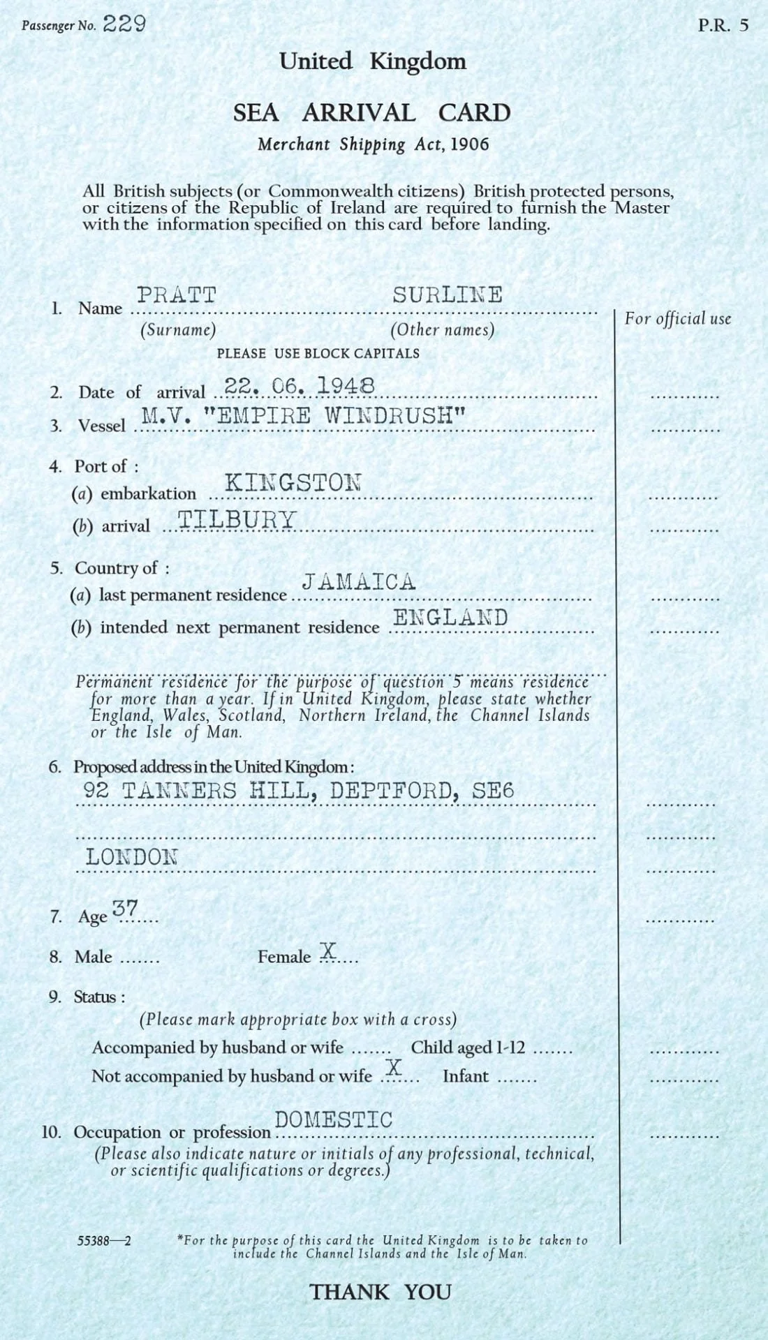Windrush: Arrival and Settlement, Landing Cards. Goldsmiths University of London. 