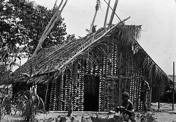 View of mens house, Roviana Village, New Georgia, Western Solomon Islands, taken around 1900. Chapell Collection. Image: Unknown, Australian Museum ©. "Rev Dr Arthur Capell found this album in the Anthropology Division, University of Sydney when he t