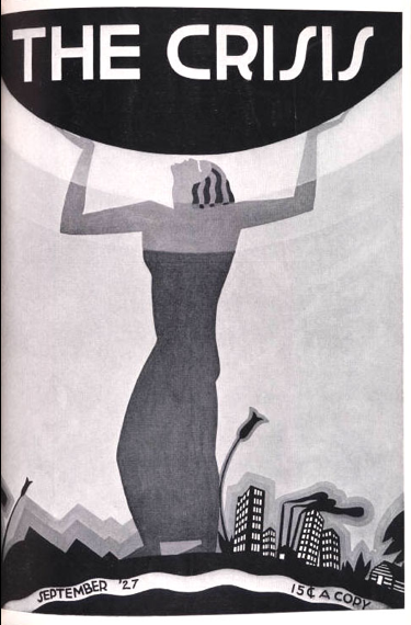 Aaron Douglas, cover design for The Crisis, September 1927.
This cover illustration for the September 1927 issue of The Crisis depicts a monumental silhouetted female figure lifting the magazine’s title overhead, symbolizing strength, endurance, and 