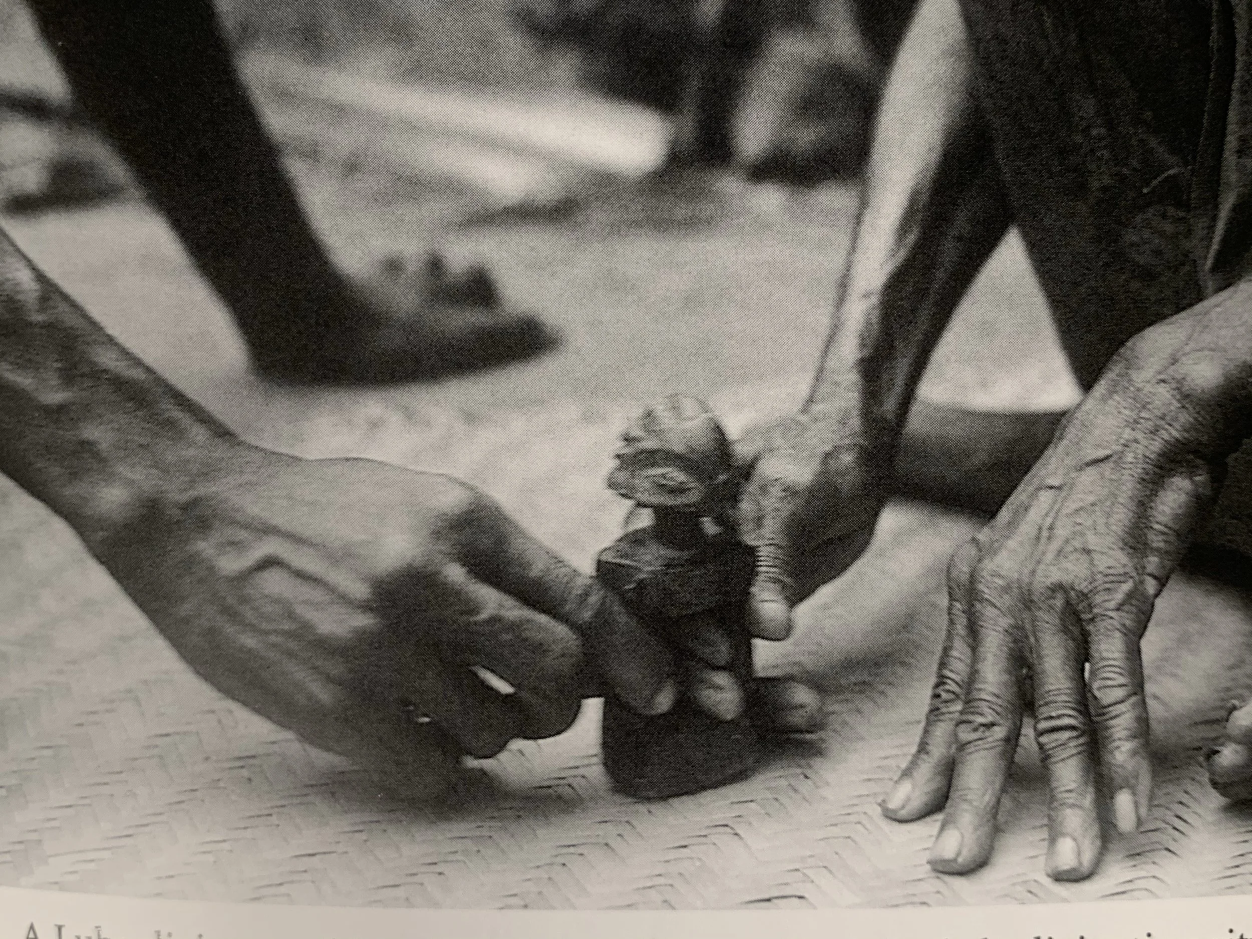 ''The kakishi is used in a form of Luba divination called kashekesheke. It is about six inches high, with an open body for the insertion of the fingers of client and diviner.'' 