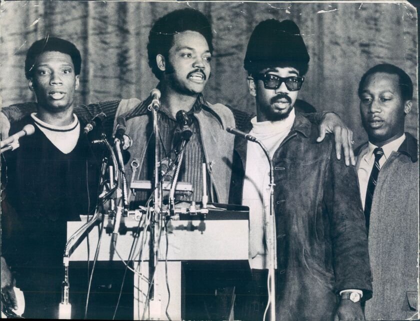 William Hampton (from left), brother of slain Illinois Black Panther Party chairman Fred Hampton Sr., the Rev. Jesse Jackson, Black Panther Party official Bobby Rush and Renault Robinson, president of the Afro American Patrolmen’s League, are shown a