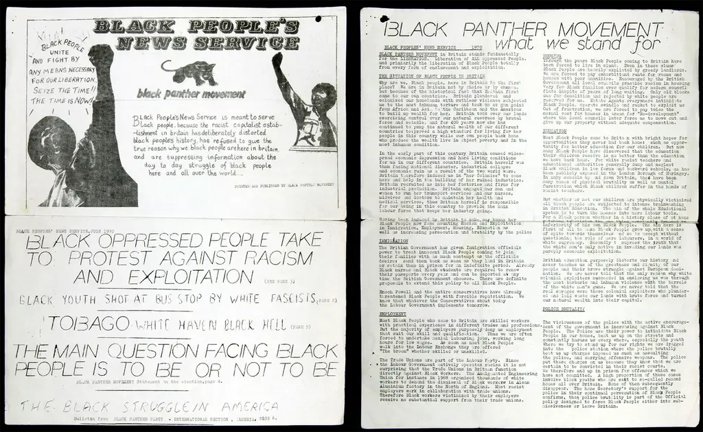 Black People’s News Service
Two pages from Black People's News Service. The left page shows two black men raising their fists.
Date
1970
Catalogue reference
MEPO 31/21
Black People’s News Service was a publication by the British Black Panther Party, 