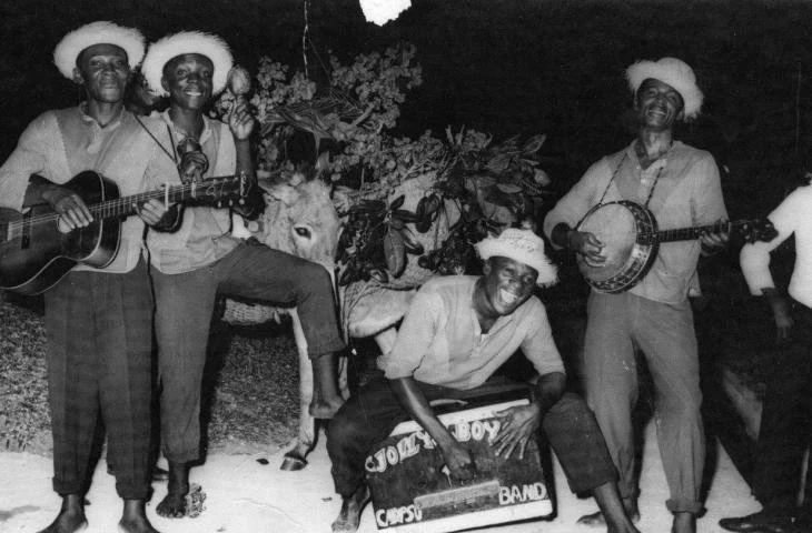 Jamaican music group, the Jolly Boys, with guitar, banjo and rhumba box. 