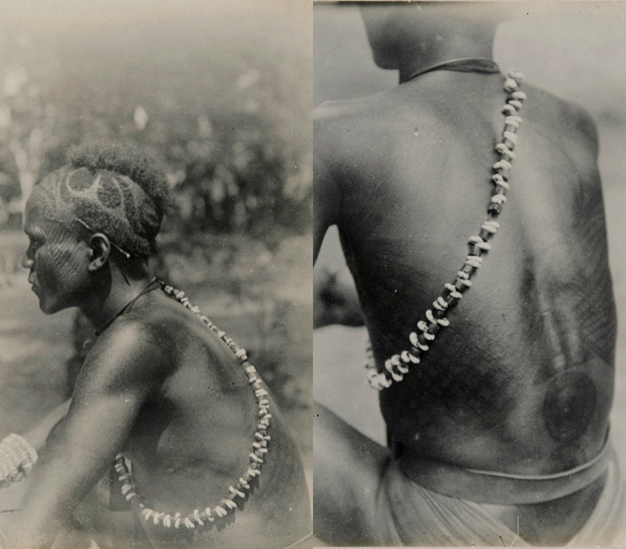 An Igbo man from Agukwu Nri decorated with what appears to be ùlì, a semi-permanent dye from a plant and a system of symbols of the same name. Photographed by Northcote Thomas, c. 1910-11. MAA Cambridge.