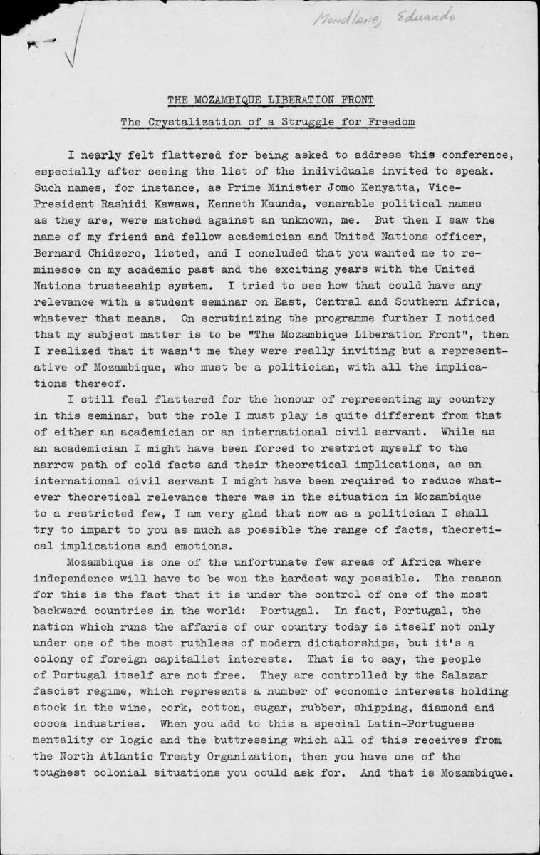 The Mozambique Liberation Front: The Crystalization of a Struggle for Freedom