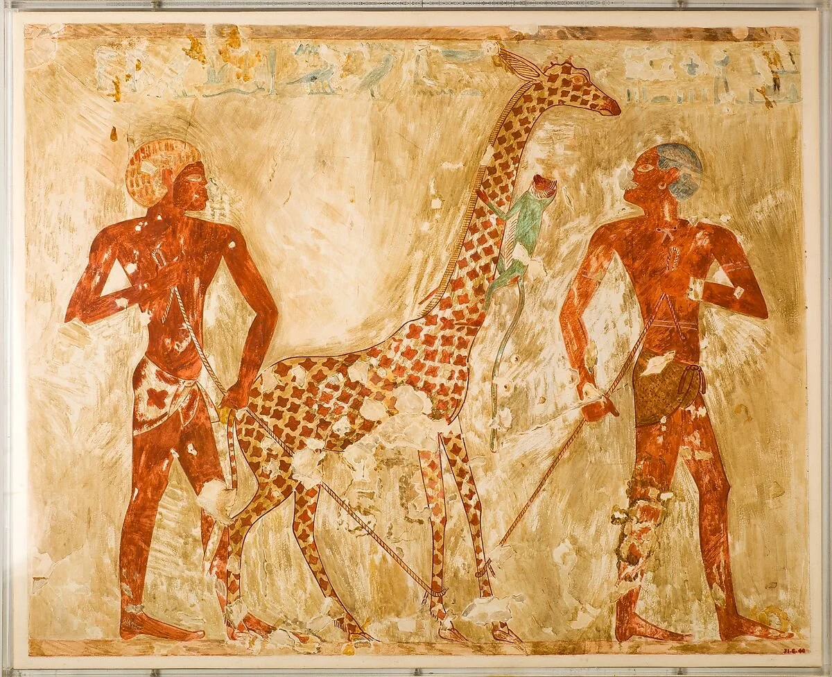 Nubians with a Giraffe and a Monkey, facsimile of a wall painting from the Tomb of Rekhmire (TT100), Thebes, Dynasty 18, ca. 1504–1425 BCE; painted by Nina de Garis Davies. Source: The Metropolitan Museum of Art.