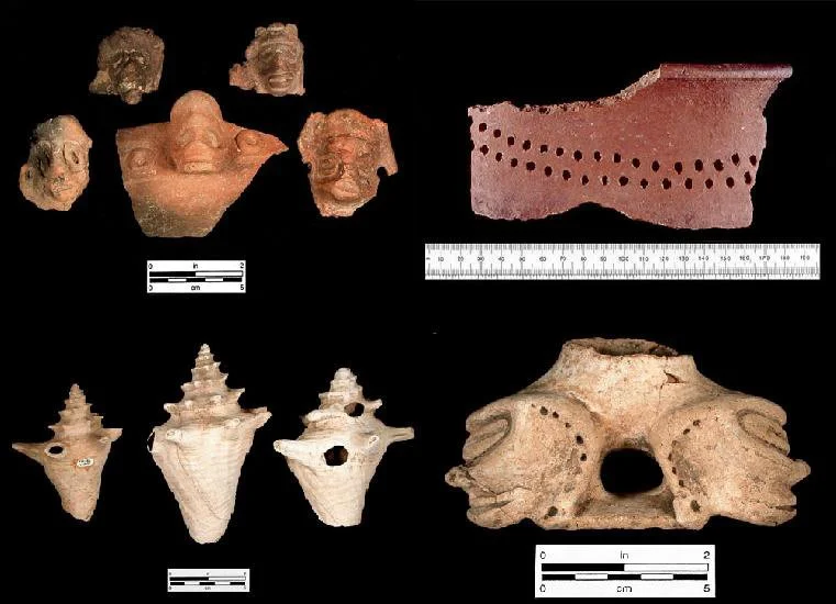 Material Remains from En Bas Saline. ca. AD 1200–1500. Taíno culture; En Bas Saline, Haiti, Caribbean. Predominantly ceramic (Carrier pottery, a local variant of the Chican-Ostionoid subseries), with additional materials including shell, bone, stone,