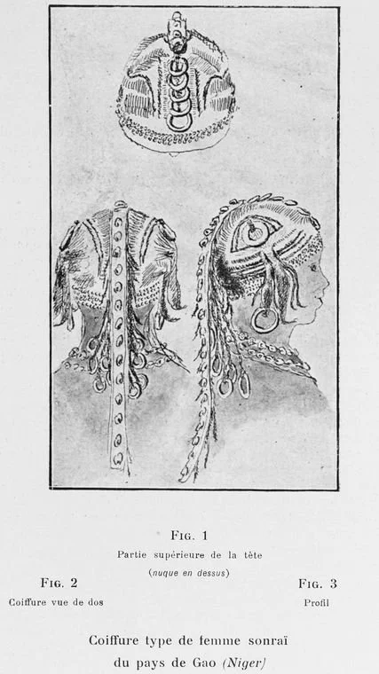 Hair style of a Songhai woman from the Gao region (Niger). — source: unknown 