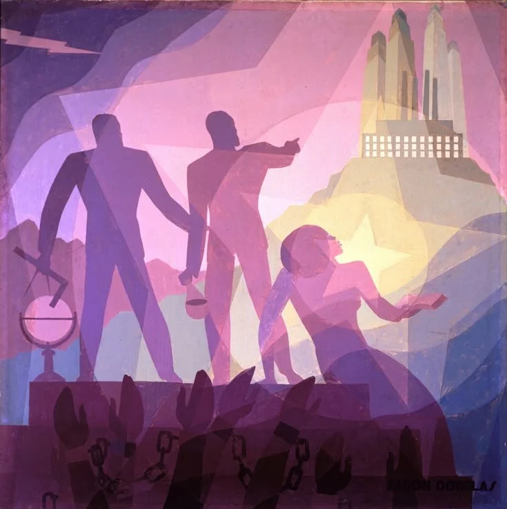Aspiration, 1936. Painted in 1936, Aspiration reflects Aaron Douglas’s vision of Black progress, education, and futurity during the Harlem Renaissance and New Deal era. Three silhouetted figures stand atop a rise, gesturing toward a radiant cityscape