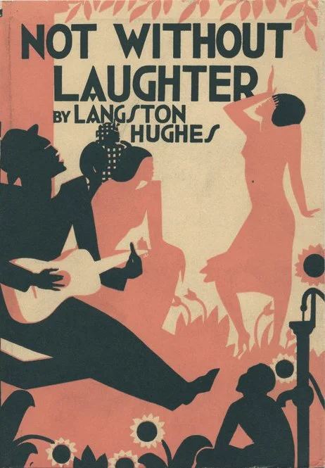 Aaron Douglas, cover design for Not Without Laughter by Langston Hughes, 1930.
This cover illustration for Langston Hughes’s novel Not Without Laughter features silhouetted figures engaged in music, dance, and communal gathering, framed by stylized f