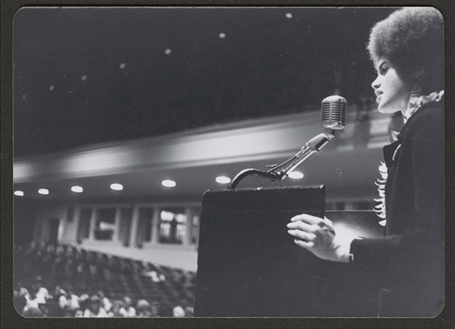 Photograph of Kathleen Cleaver speaking at a Peace and Freedom Party rally at the University of Honolulu, 1968. Emory University Archives.