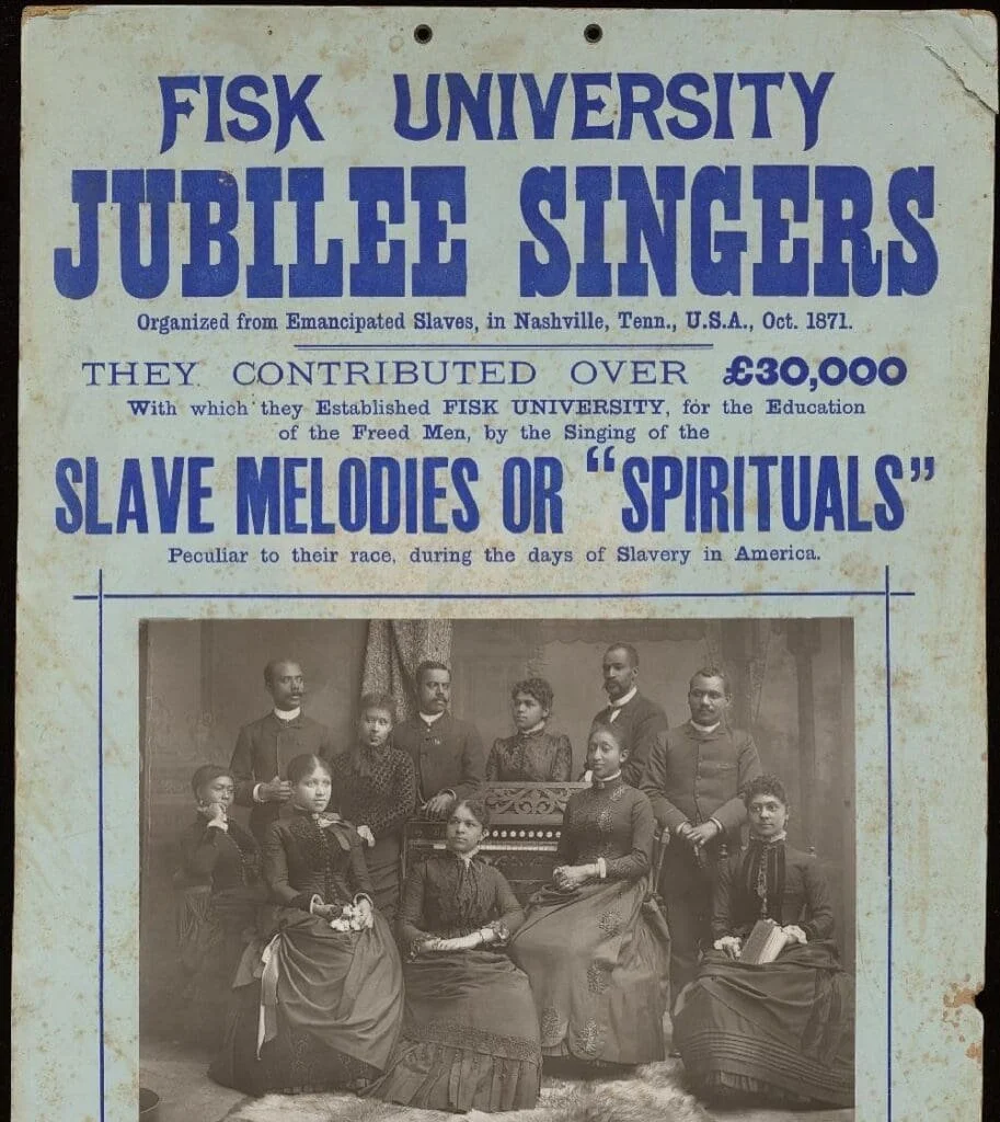 "Fisk University Jubilee Singers: Organized from Emancipated Slaves, in Nashville, Tenn., U.S.A., Oct. 1871." A poster, printed on cardboard, advertising a tour made by the Fisk University Jubilee Singers.