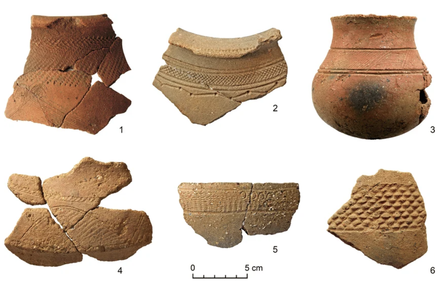Typical pottery of the Nok culture phases: 1 Early Nok (Puntun Dutse site); 2 transition from Early to Middle Nok (Puntun Dutse site); 3 early Middle Nok (Ifana site); 4 later Middle Nok (Akura site); 5 Late Nok (Ungwar Kura site); 6 Common Era (Janr