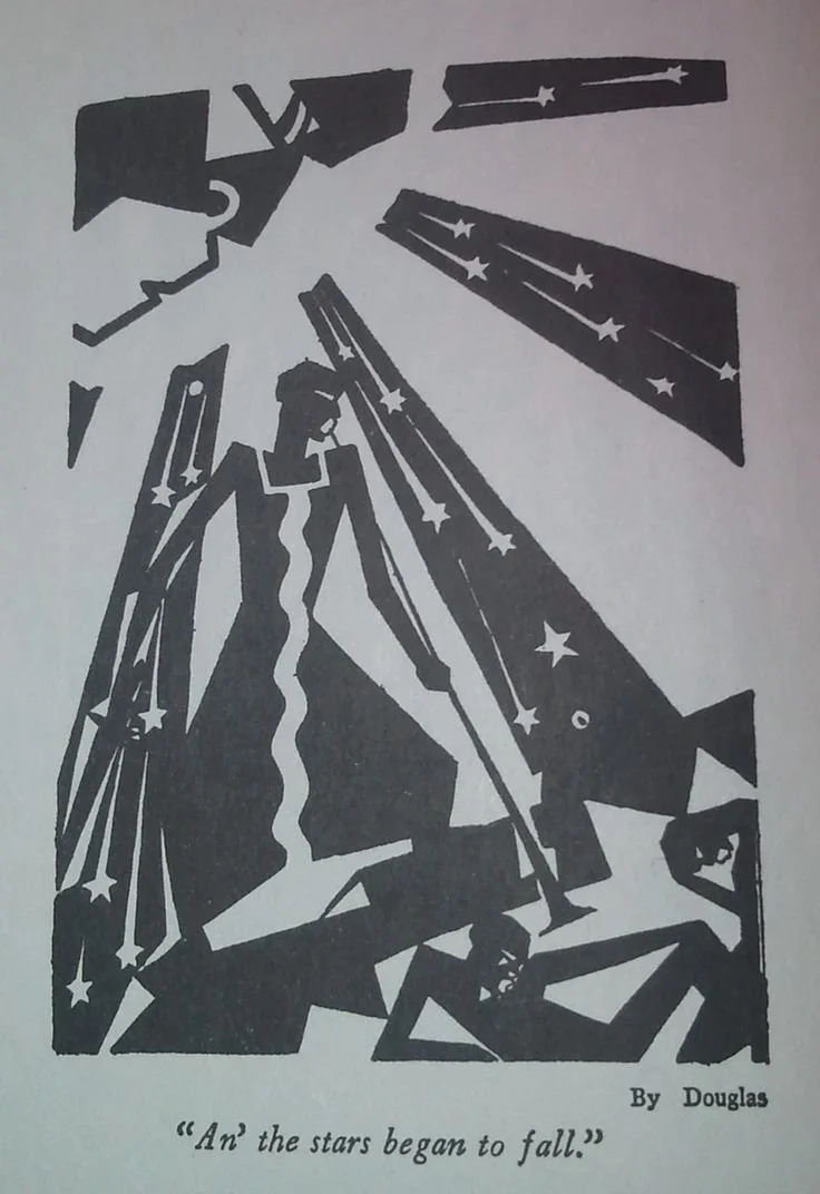 “An’ the Stars Began to Fall”, n.d. This black-and-white illustration by Aaron Douglas visually interprets the apocalyptic spiritual lyric “An’ the stars began to fall.” A central elongated figure stands beneath radiant beams filled with falling star