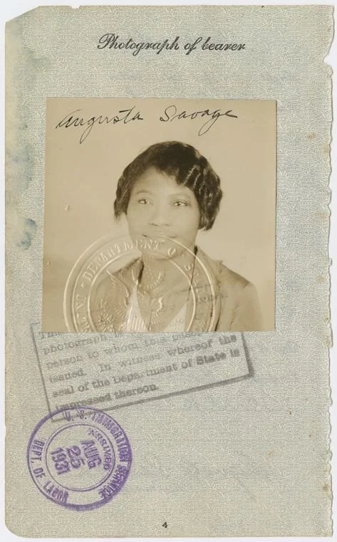 Passport photograph of sculptor Augusta Savage, date stamped August 25, 1931 —Source: Schomburg Center for Research in Black Culture, Photographs and Prints Division, The New York Public Library. "Passport photograph of sculptor Augusta Savage, date 