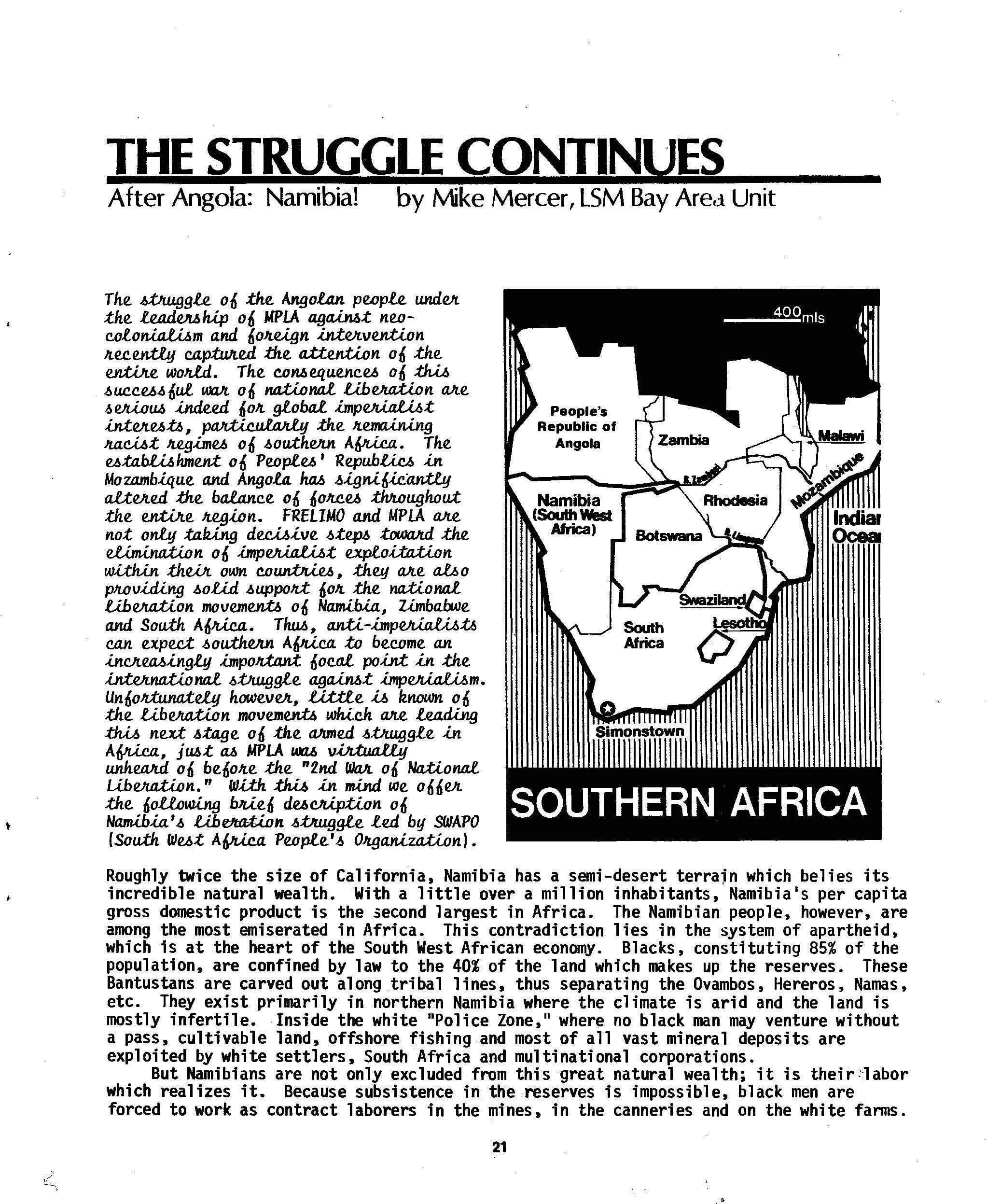 The Struggle Continues After Angola: Namibia by Mike Mercer, LSM Bay Are,1 Unit