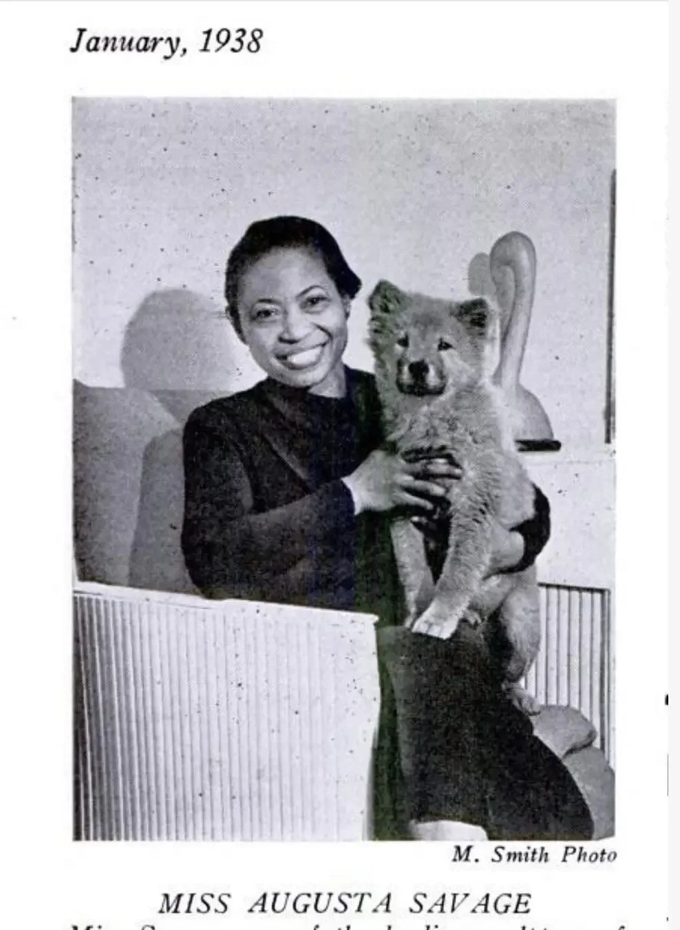 CIRCA 1938 Augusta Savage with a chow puppy-leading African American artist — Source: ChowTales archive — circa 1938 photograph of Augusta Savage with a chow puppy