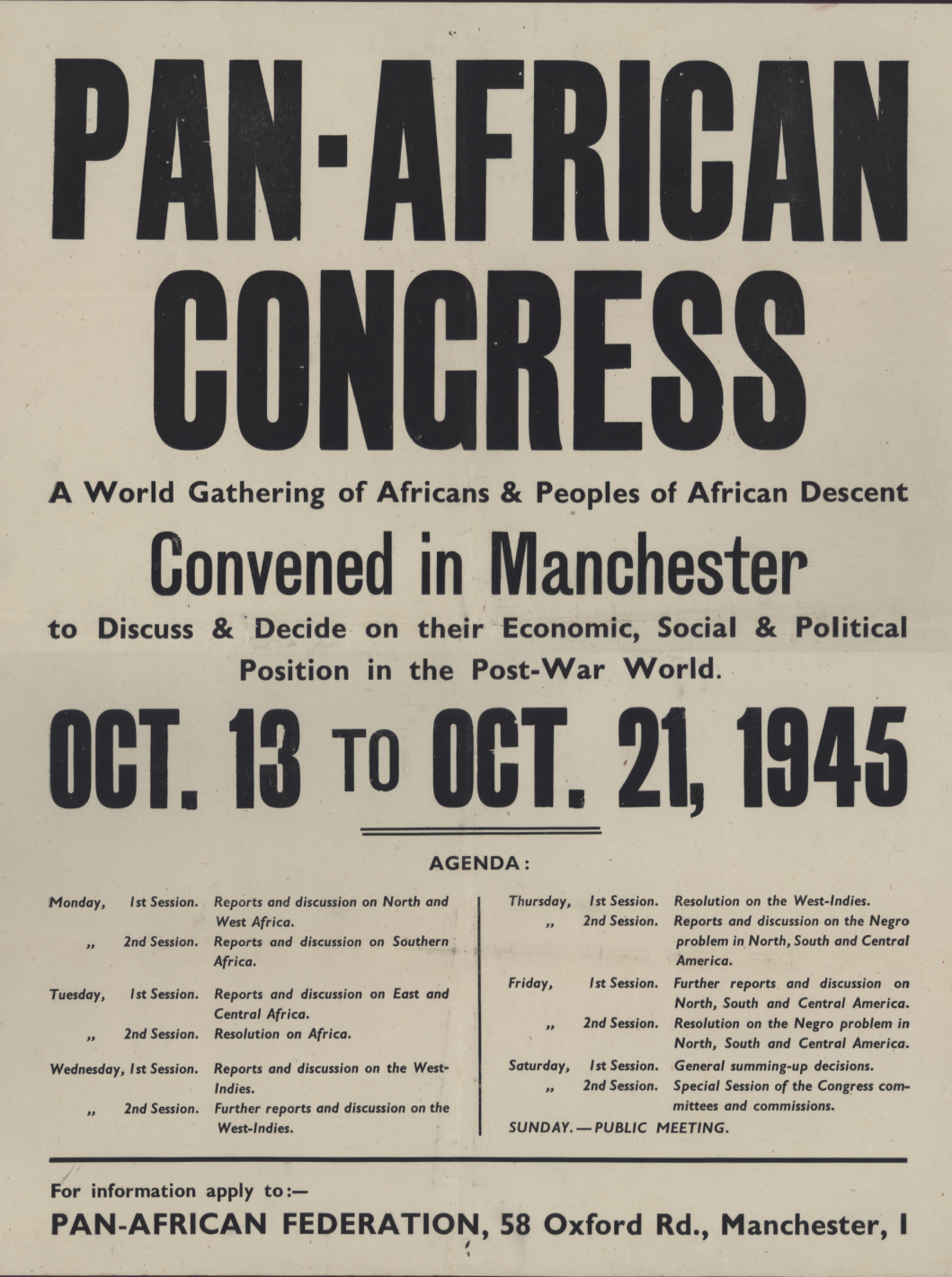 Pan-African Federation, Pan-African Congress poster, ca. October 1945. All rights for this document are held by the David Graham Du Bois Trust. https://credo.library.umass.edu/view/full/mums312-x01-i075