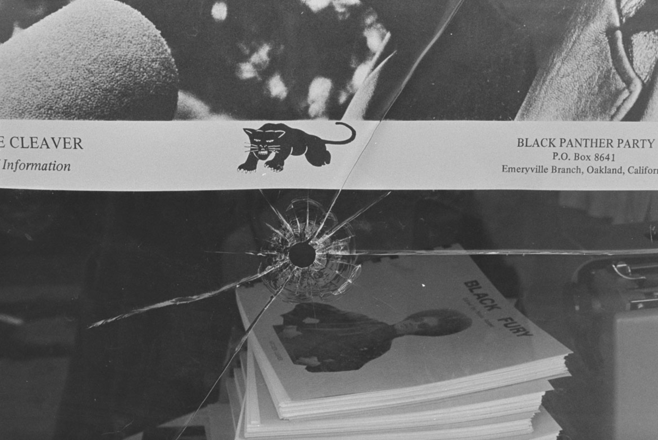 Pirkle Jones, “Black Panther Party national Headquarters window, shattered by the bullets of two Oakland, California policemen,” Sept. 10, 1968. (Photograph from University of California, Santa Cruz).