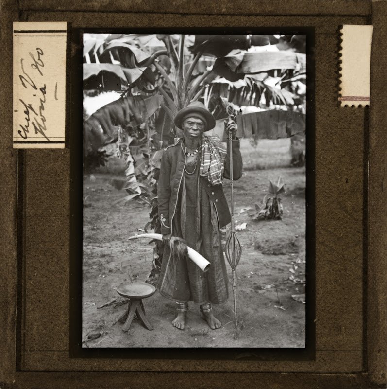 An unidentified titled man, with the label that might read "Chief of Iboria[?] Ibo," may be Idigo of Aguleri who was converted by French Catholics. Photographed by William Henry Crosse, part of the Royal Niger Company, 1886 - 1895. MAA Cambridge. 