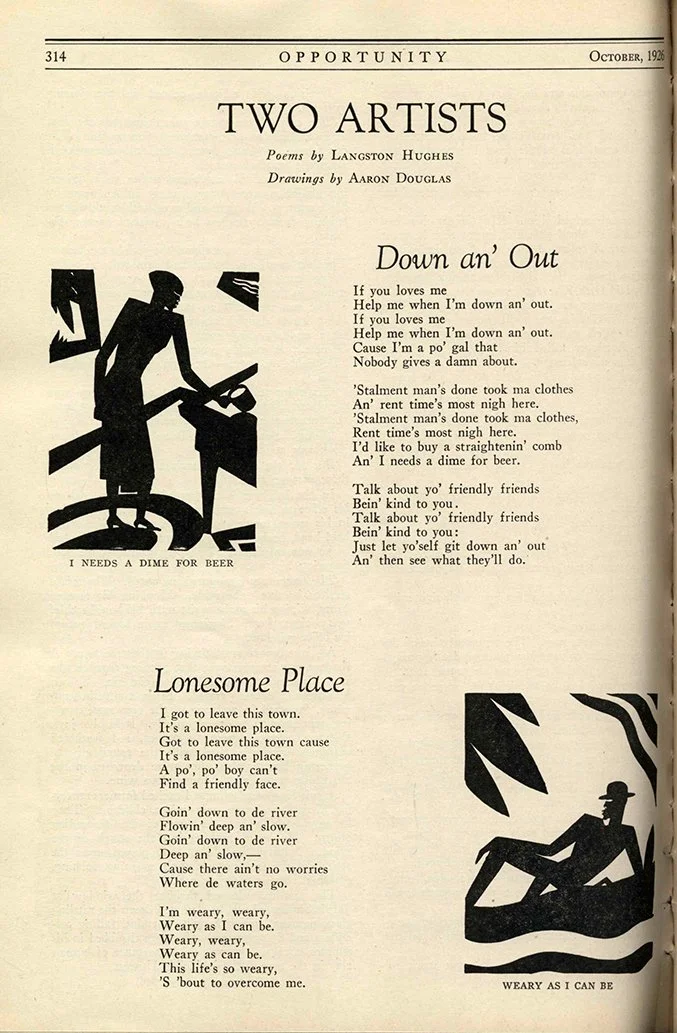 Aaron Douglas, illustrations for Langston Hughes’s poems “Down an’ Out” and “Lonesome Place,” published in Opportunity, October 1926. This magazine spread, titled Two Artists, features poems by Langston Hughes accompanied by graphic drawings by Aaron