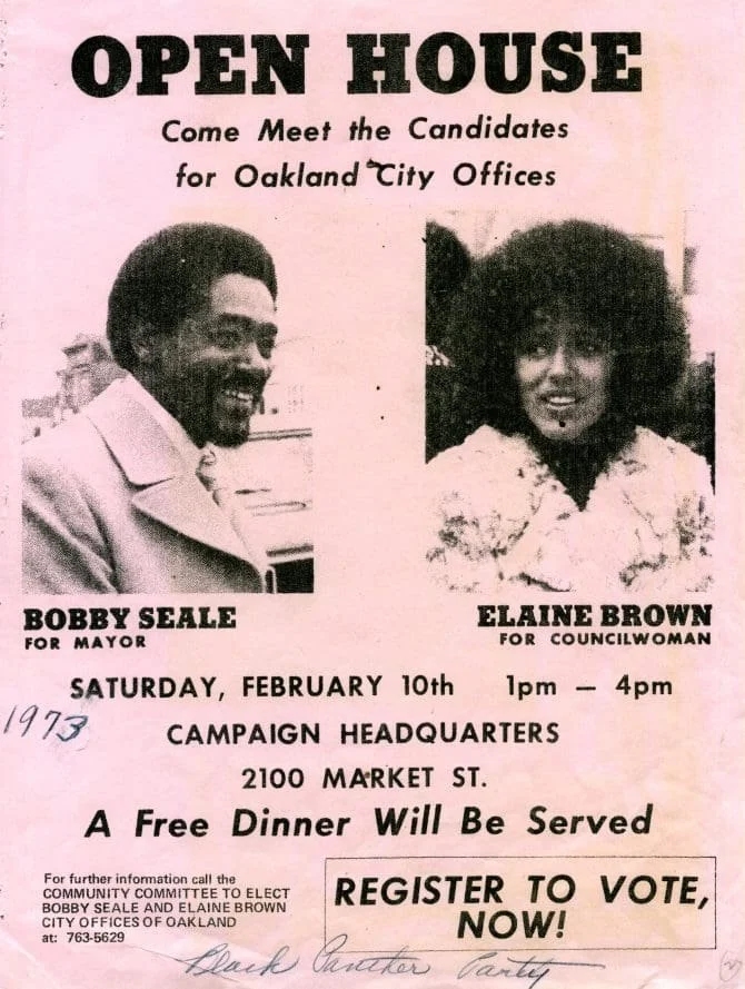 Community Committee to Elect Bobby Seale and Elaine Brown flyer, 1973, African American Museum & Library at Oakland Vertical File Collection, MS 179, African American Museum & Library at Oakland, Oakland Public Library.