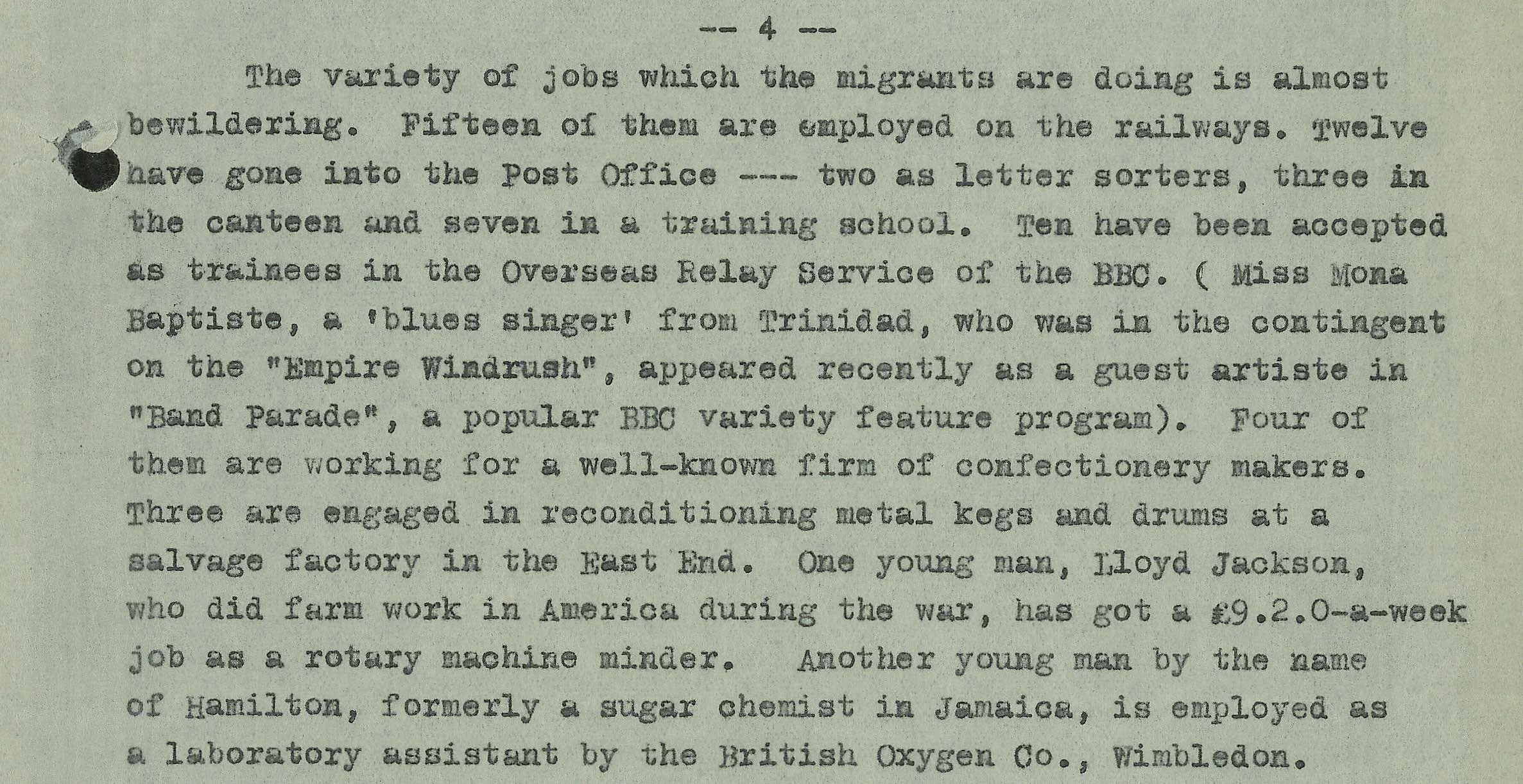 Extract from Report by Eric Walrond entitled ‘Negro migrants in Britain, 1947 December-1948 October, Catalogue ref: CO 876/88
Contains original language used at the time which is not appropriate today. The National Archives. 