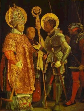 “Meeting of Saint Erasmus of Formiae and Saint Maurice” by Matthias Grünewald (1517-1523) These two saints lived in different
centuries. The painting was intended to
reflect the importance of the two men