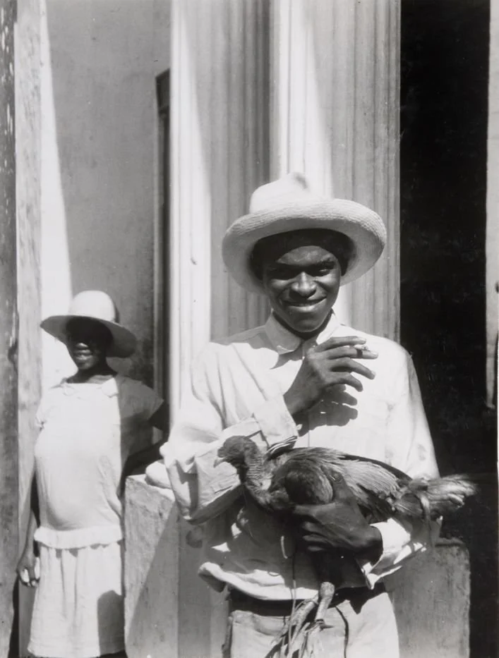 Haitian youth and his young fighting cock, Port au Prince, by Clifton R Adams, Haiti, 1933. — Source: Unknown
