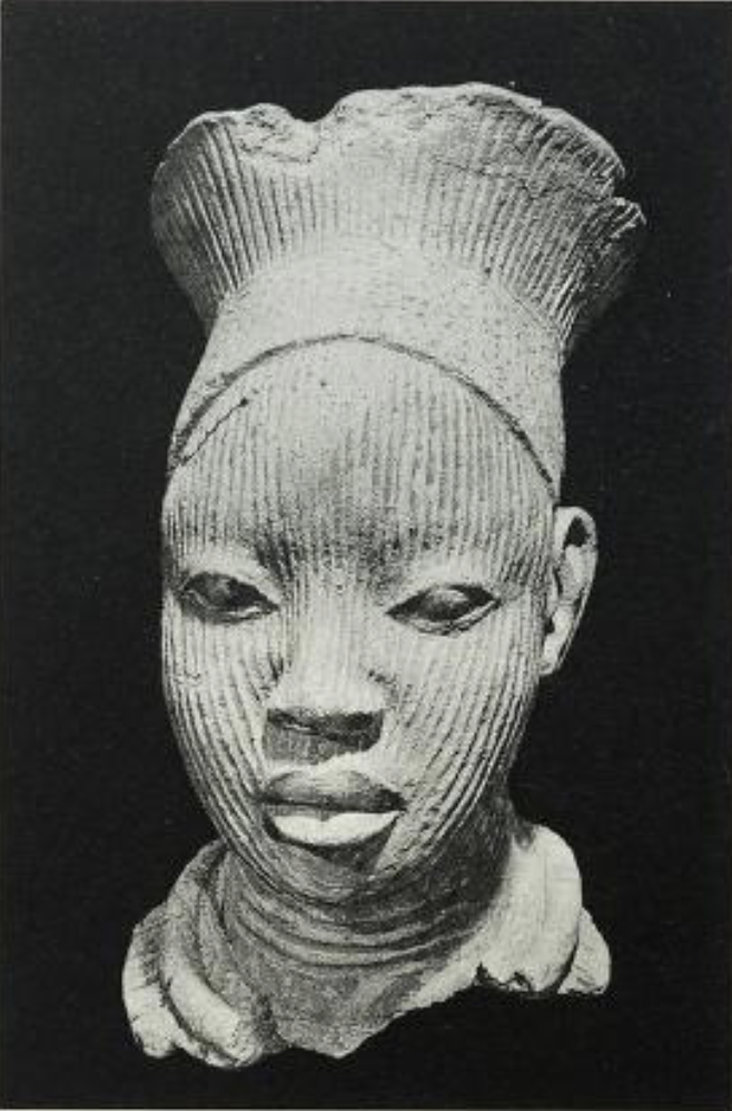 Terracotta head of a young woman wearing a head-dress. probably between the 12th and the 15th century A.D. p.60. from Two thousand years, Nigerian art (1977).