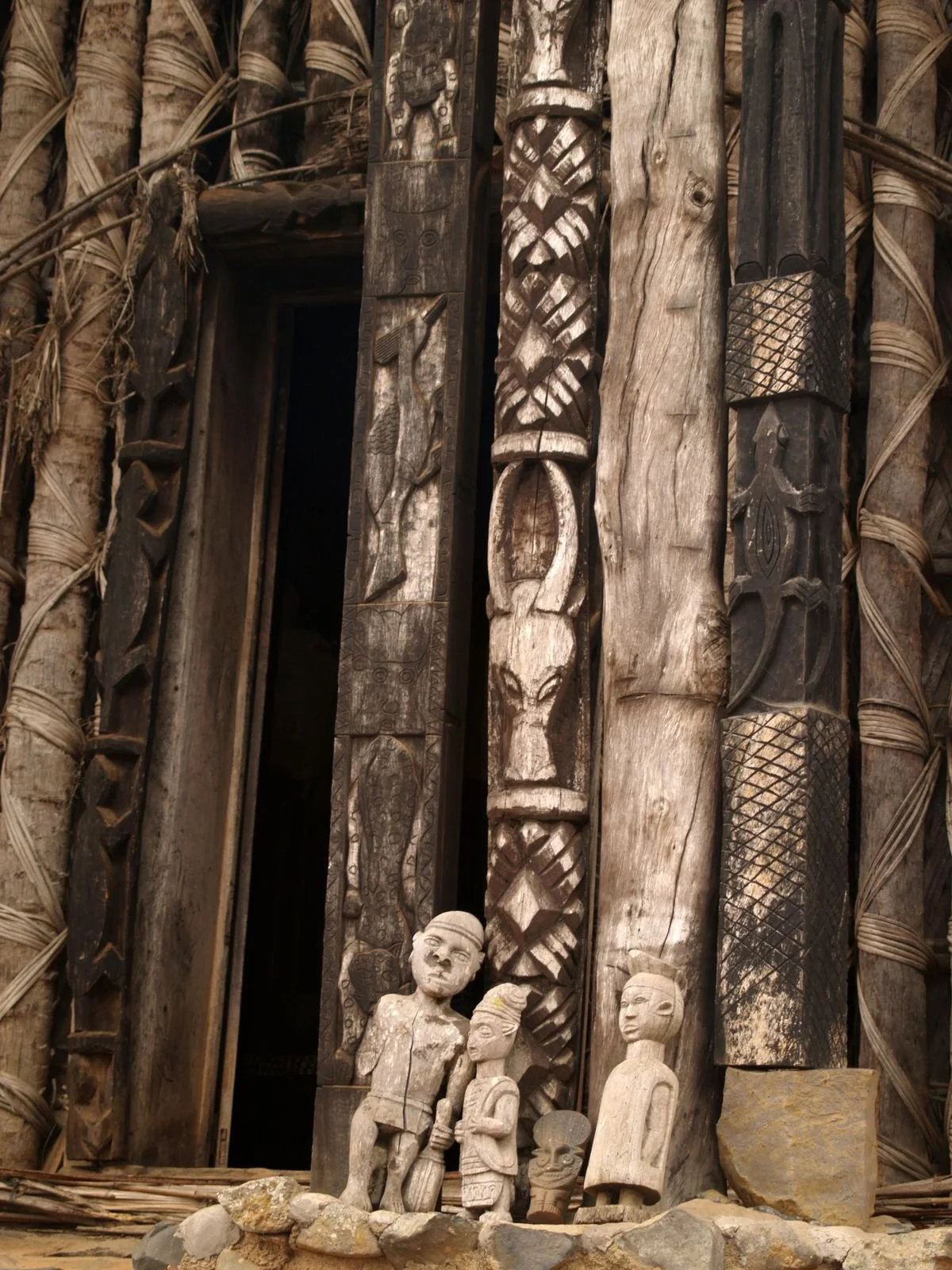 Detailed wooden carvings and pillars at the Fon of Bafut Palace, Bafut, Cameroon.