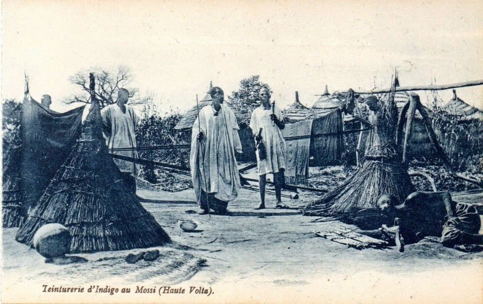 "Mossi indigo dyers, vintage postcard, circa 1910." The original work wear - Mossi Indigo Cloths from Burkina Faso via Adire African Textiles by Duncan Clarke. http://adireafricantextiles.blogspot.com/2014/05/the-original-work-wear-mossi-indigo.html