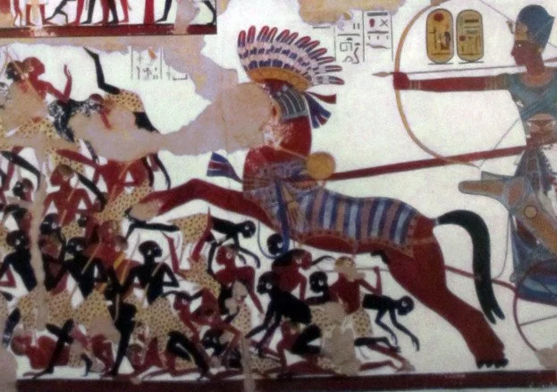 Ramesses II in his war chariot charging into battle against the Nubians, relief from the Temple of Beit El-Wali, Nubia, 13th century BCE. Source: Nubia and the Noba People, Black History Month UK.