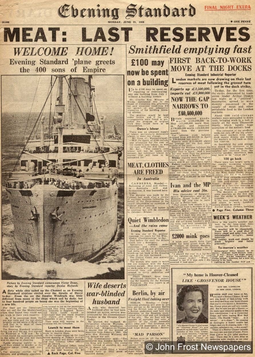 An Evening Standard 1948 article highlighting the coming of Windrush to the English shores.
