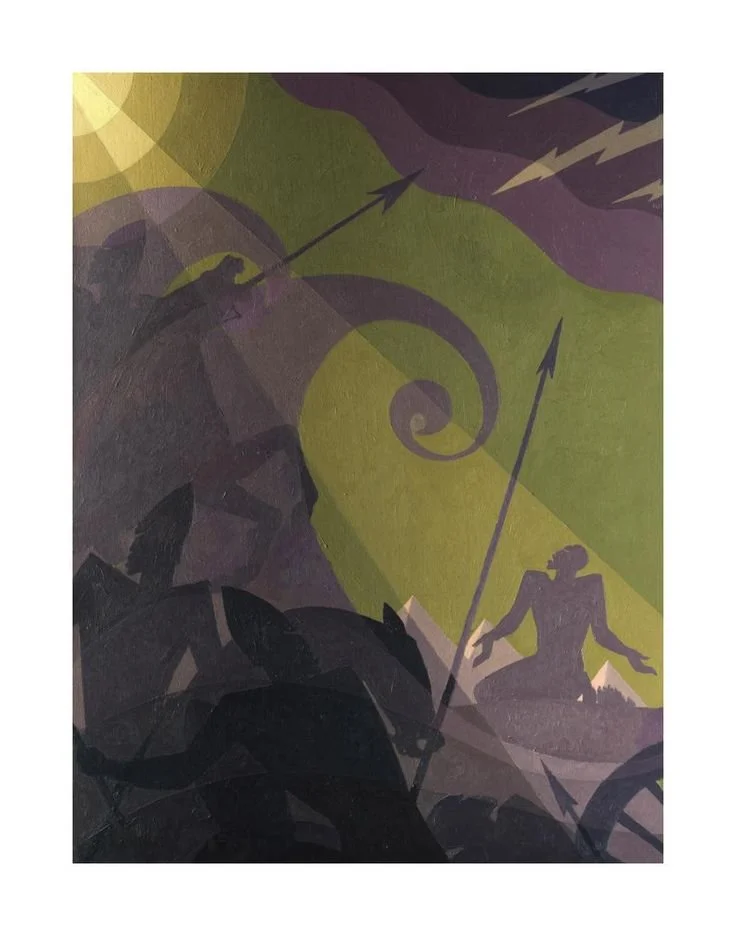 In Let My People Go, Aaron Douglas reinterprets the biblical Exodus narrative through his distinctive Harlem Renaissance modernism. Silhouetted figures, spears raised against swirling cosmic forms and streaks of lightning, occupy a dramatic landscape