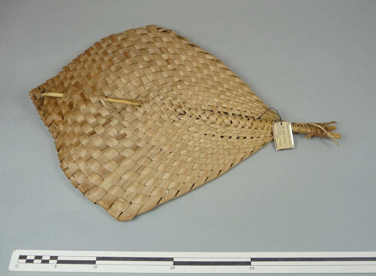 Pitt Rivers Museum, University of Oxford. (n.d.). Palm leaf fan. [Review of Palm leaf fan.]. https://www.prm.ox.ac.uk/collections-online#/item/prm-object-29352
Palm leaf fan. The fan is constructed from a large kite-shaped body of interwoven palm lea