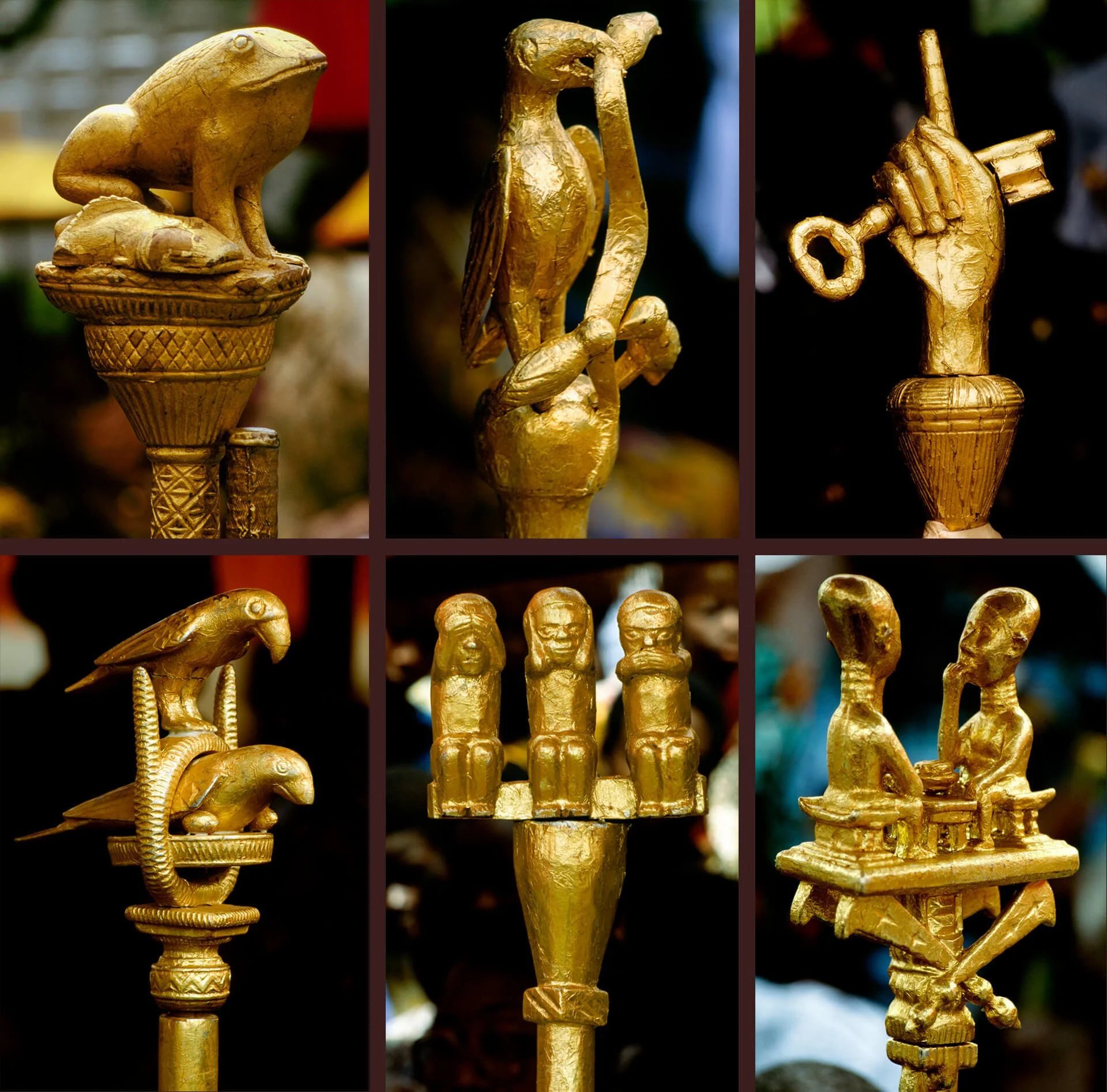 Ashanti linguist’s staffs, Ghana. Top left: “No matter how fat the frog grows it can never surpass the mudfish,” emphasizing that a chief maintains authority despite powerful peers. Top centre: “The power of the eagle shows not only in the air but on