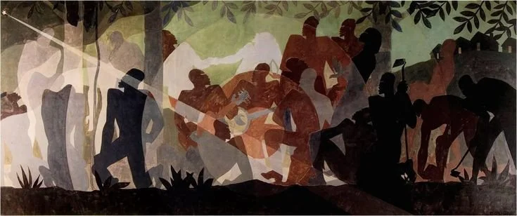 The Prodigal Son, 1927. Created in 1927, The Prodigal Son reflects Aaron Douglas’s Harlem Renaissance synthesis of biblical narrative and modern urban experience. The silhouetted figures—set amid angular playing cards, a trumpet, and layered geometri
